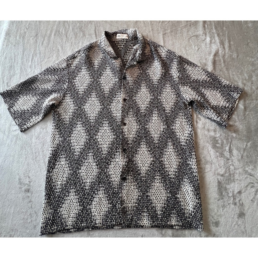 Zara Button Up Shirt Mens Size Medium Black White Diamond Crochet Knit Short Slv